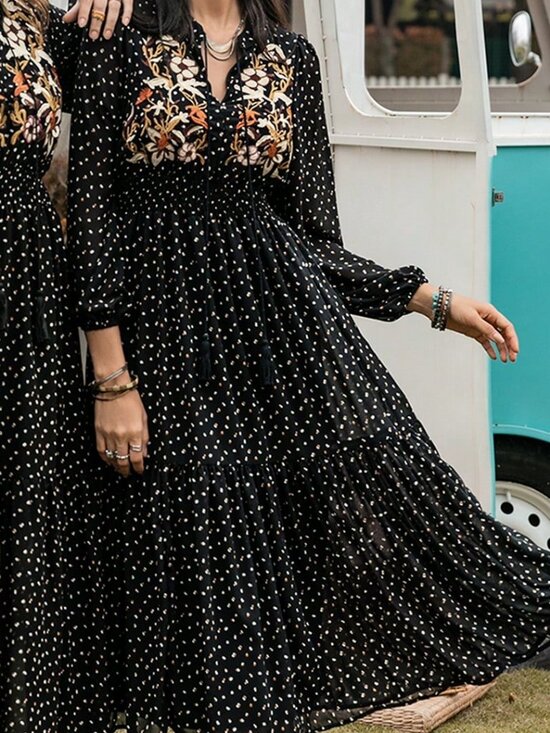 Boho Beauty Women's Polka Dot V-Neck Tie embroidered detail Long Dress Black - Picture 8 of 8